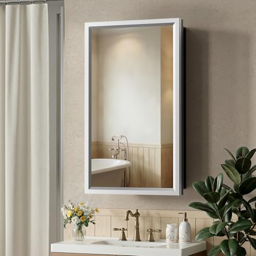 14"x24"Silver Medicine Cabinets for Bathroom with Mirror, Aluminum Alloy Framed Mirror, Recessed(12.85"x22.85")or Surface Wall-Mounted(14"x24") Metal Bathroom Vanity Mirror with Storage Cabinet