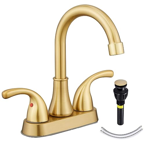 Bathroom Sink Faucet FRANSITON 4 Inch 2 Handle Lead-Free Brushed Glod Bath Sink Faucet with Pop-up Drain Stopper and Supply Hoses - color: Brushed Gold