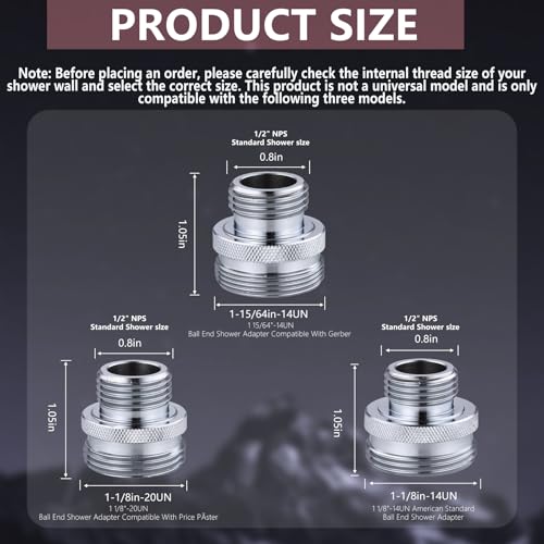 The LUOFANT ball-end shower arm adapter converts the old shower head to a 1/2-inch standard shower head thread. Three models are provided, but they are not universal.