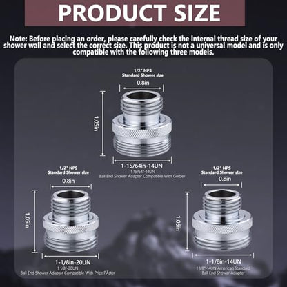The LUOFANT ball-end shower arm adapter converts the old shower head to a 1/2-inch standard shower head thread. Three models are provided, but they are not universal.