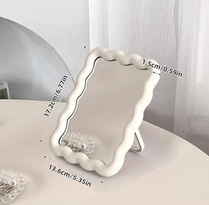 1Pcs Wavy Frame Desk Mirror Glossy Freestanding Mount Vanity Mirror White | Wavy Border Single Sided Makeup Mirror With Back Stand, Dual Use Tabletop Wall Mirror For Dorm Bedroom Daily Cosmetic Use