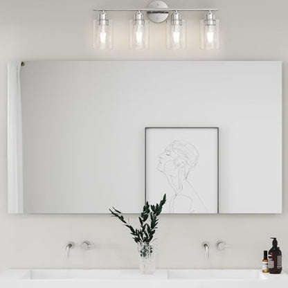 Bathroom Vanity Light Fixtures Brushed Nickel,4 Lights Rustic Farmhouse Vanity Bar Lighting Over Mirror Modern Industrial Wall Sconces Lamp with Cylinder Glass Shade - color: Brushed Nickel, size: 4 Lights
