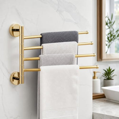 Solid Brass Swivel Towel Bar, Brushed Gold Bathroom Towel Rack, No Drill Adhesive Wall Mounted Rail Hanger, Space Saving Multi Arm Holder for Kitchen Restroom(Gold,23cm) - color: Gold, size: 23cm