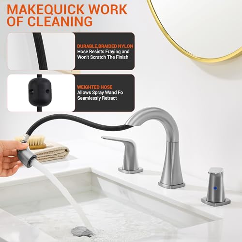 Brushed Nickel Bathroom Faucet with Sprayer - Rotatable Bathroom Faucets for Sink 3 Holes, 8In Widespread Bathroom Pull Down Faucet, 2-Handle Vanity Faucet with Pull Out Sprayer 360 Swivel - color: Brushed Nickel