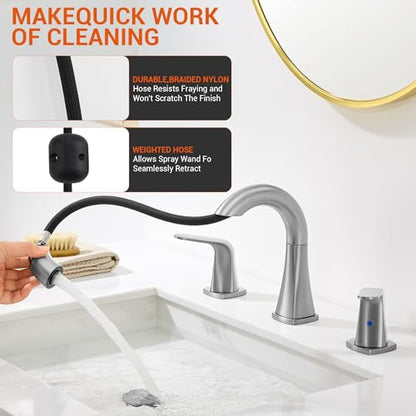 Brushed Nickel Bathroom Faucet with Sprayer - Rotatable Bathroom Faucets for Sink 3 Holes, 8In Widespread Bathroom Pull Down Faucet, 2-Handle Vanity Faucet with Pull Out Sprayer 360 Swivel - color: Brushed Nickel