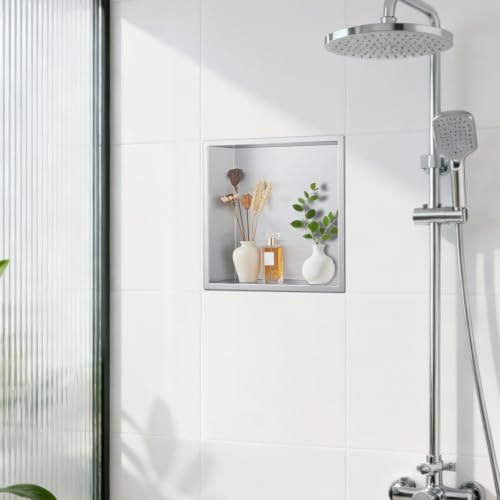 14"x14"x4" Stainless Steel Shower Niche No Tile Needed - Brushed Nickel Bathroom Wall Niche Insert, Recessed Waterproof Shelf for Drywall/Tile Showers - size: 14x14" - Brushed Nickel