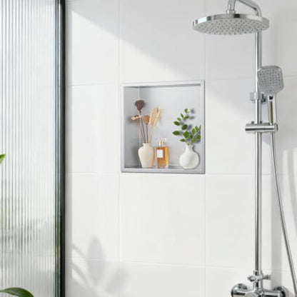 14"x14"x4" Stainless Steel Shower Niche No Tile Needed - Brushed Nickel Bathroom Wall Niche Insert, Recessed Waterproof Shelf for Drywall/Tile Showers - size: 14x14" - Brushed Nickel