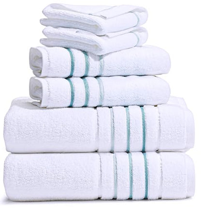 Bath Towels Set for Bathroom – Luxury 6-Piece Cotton Towels, Soft Absorbent & Quick Dry, 600 GSM Bath Towels for Bathroom, Hotel Spa Quality (White/Aqua Green, 6- Bath Towel Set) - color: White/Aqua Green