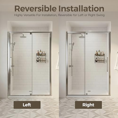 44-48" W x 72" H Pivot Shower Doors, Semi-Frameless Swing Water Repellent Glass Shower Doors with 1/4" (6mm) Clear SGCC Tempered Glass, Chrome Finish, Reversible Installation, Magnetic Closing | 1/4" (6mm) Clear SGCC Tempered Glass with a 24.8" walk-in op