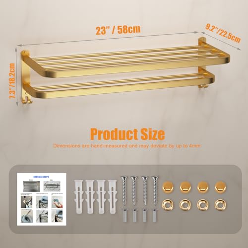 23 Inch Gold Bathroom Towel Rack Towel Shelf with Double Towel Bars Lavatory Wall Mount Holder with Hooks Golden Stainless Steel Hotel Bath Rack - color: Gold