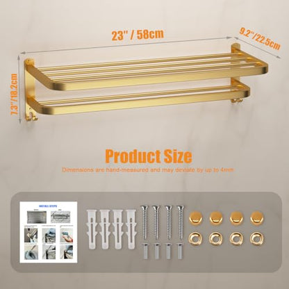 23 Inch Gold Bathroom Towel Rack Towel Shelf with Double Towel Bars Lavatory Wall Mount Holder with Hooks Golden Stainless Steel Hotel Bath Rack - color: Gold