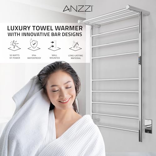 ANZZI Eve 8 Bar Stainless Steel Wall Mounted Electric Towel Warmer Rack | This Heated Will Safely Quickly And Evenly Warm Large, Fast Heating Simple Turning Switch, Premium Sustainable Material - color: Chrome
