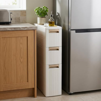 Byroce 3-Tier Narrow Storage Cabinet with Wheels, Slim Rolling Plastic Drawer Organizer with Removable Dividers, Skinny Storage Cart for Small Spaces, Bathroom & Kitchen (1PC, 3-Drawer), Beige - size: 3-Drawer