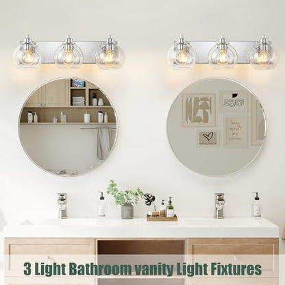 3 Light Bathroom Light Fixtures-Chrome Bathroom Vanity Lights, Modern Vanity Lights 3-Light Bathroom Lighting Fixtures Over Mirror with Clear Glass Globe Shade - color: Polished Chrome, size: 3-Light