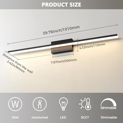 JUSHENG Black Vanity Lights for Bathroom 5CCT Dimmable Bathroom Vanity Light Fixtures LED Vanity Light Bar 39.37'' Inch 36W - color: Black-5CCT, size: 39.76'' Long-Dimmable