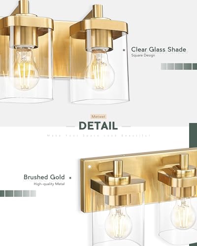 3-Light Brushed Gold Bathroom Vanity Light, Square Clear Glass Shade | 16.5" modern bathroom light fixtures over mirror, E26 base, bulbs not included, VL194-BG-3 - color: Gold, Square Glass Shade, size: 3-light