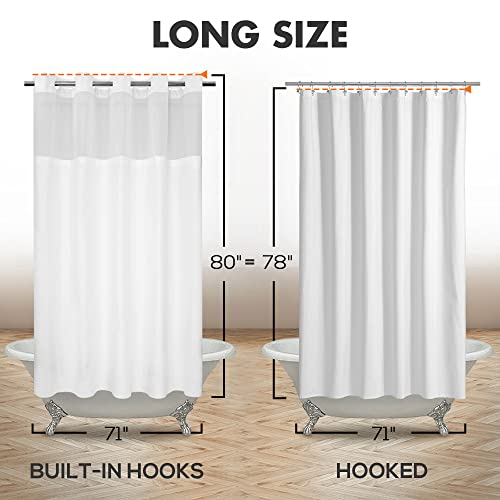 River Dream Long No Hook Slub Textured Shower Curtain with Snap-in PEVA Liner Set - 71" x 80"(78"), Hotel Style with See Through Top Window, Fabric Curtain & Waterproof Liner, White, 71x80 | Snap on/off Waterproof PEVA Liner, See Through Top Window, Slub