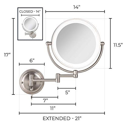 Zadro 14" Round Fluorescent 5X/1X Bathroom Magnifying Mirror Wall Mounted Makeup Mirror 20" Extendable Shaving Mirror