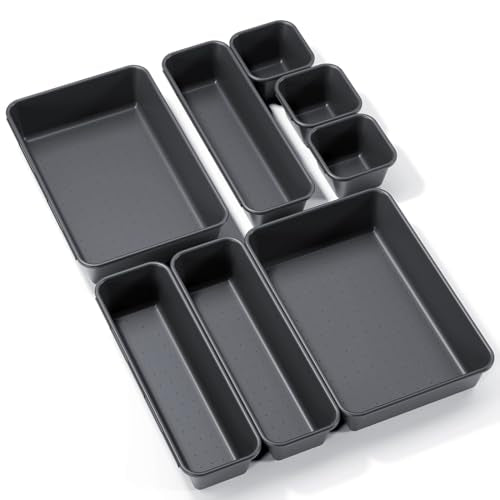 Kutesna 8PCS Plastic Interlocking Drawer Organizer, 3 Sizes Desk Organizer | Versatile Storage Trays, Versatile Plastic Storage Bins for Makeup Vanity, Jewelries, Kitchen Utensils, Bathroom and Office