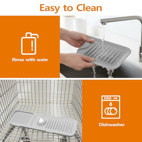 Faucet Mat for Kitchen Sink, Silicone Sink Splash Guard with 1 Crevice Cleaning Brush and 100 Kitchen Sink Strainer Mesh Bags,7°Slope Fast Self-draining, Fast Drying Tidy Faucet Mat Splash Guard,Gray