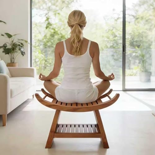 23" Teak Shower Bench Shoe Storage Bench Teak Shower Stool Curved Seat,Wooden Stool for Bathroom,Teak Wood Shower Seat Chair with Shower Storage Shelf,Hold Up to 500 LBS