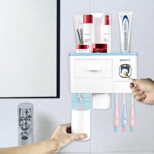 Multifunctional Wall-Mounted Toothbrush Holder, Automatic Toothpaste Dispenser Space Saving Toothbrush and Toothpaste Holder, with 2 Cup and Drawers Cosmetic Organizer (Blue) - color: Blue