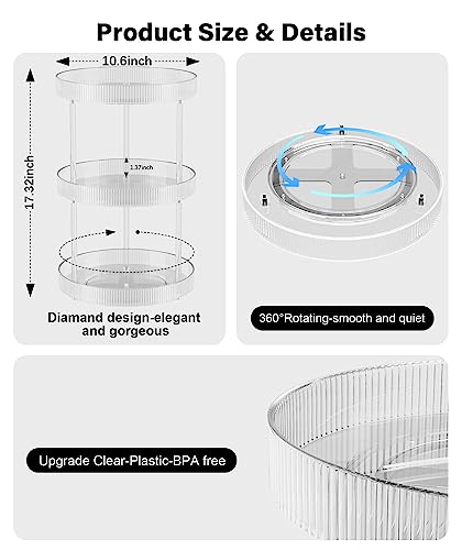 3 Tier Lazy Susan Bathroom Countertop Organizer, 360° Clear Rotating Makeup Cosmetic Perfume Storage Tray, Spinning Vanity Organizer Shelf for Bathroom Cabinet, Dresser, Kitchen(Large) - size: 3 Tier / 10.6Inch