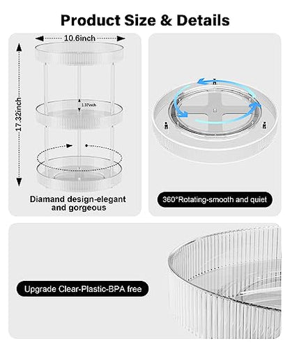 3 Tier Lazy Susan Bathroom Countertop Organizer, 360° Clear Rotating Makeup Cosmetic Perfume Storage Tray, Spinning Vanity Organizer Shelf for Bathroom Cabinet, Dresser, Kitchen(Large) - size: 3 Tier / 10.6Inch