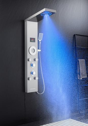 LED Shower Panel Tower System, Stainless Steel Rainfall & Mist Shower Tower, 5 Body Jets, Handheld Shower, Tub Spout and Hydroelectricity Temperature Display, Brushed Nickel - color: Brushed Nickel - 5 Body Jets