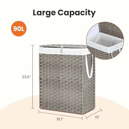 DUMOS Woven Laundry Basket with Lid, 90L Large Capacity Hamper, Removable & Machine-Washable Liner, Foldable Rattan Clothes Hamper, Sturdy Steel Frame, Odor Control, Dove Gray - color: Dove Gray, size: 90L