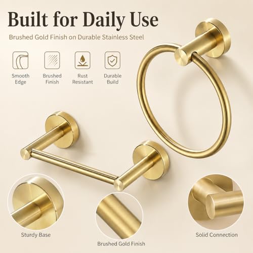 Gold Toilet Paper Holder Towel Ring, Brushed Gold Bathroom Accessories Hand Towel Holder Wall Mount Bath Hardware Set Tissue Roll Holder with Double Post SUS304 Stainless Steel 2pc