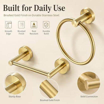 Gold Toilet Paper Holder Towel Ring, Brushed Gold Bathroom Accessories Hand Towel Holder Wall Mount Bath Hardware Set Tissue Roll Holder with Double Post SUS304 Stainless Steel 2pc