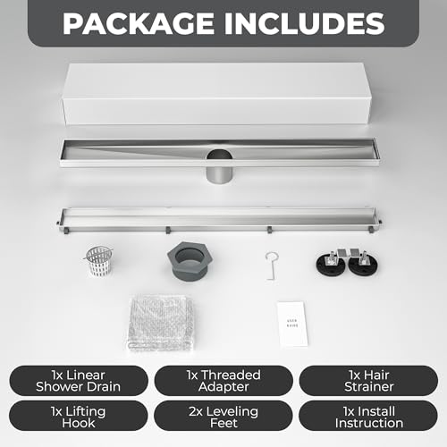 24-Inch Linear Shower Drain - 304 Stainless Steel | Reversible 2-in-1 Flat & Tile Insert Cover, Rectangular Floor Drain Set with Hair Catcher & Adjustable Leveling Feet - color: Brushed Nickel, size: 24 Inch