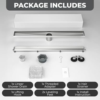 24-Inch Linear Shower Drain - 304 Stainless Steel | Reversible 2-in-1 Flat & Tile Insert Cover, Rectangular Floor Drain Set with Hair Catcher & Adjustable Leveling Feet - color: Brushed Nickel, size: 24 Inch