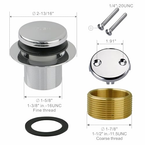 WELSAN Chrome Plated Tip-Toe Bathtub Drain with 2-Hole Overflow Faceplate | Tub Drain Trim Set, Conversion Kit Assembly, Coarse Thread Replacement, Includes an adapter, For 1-3/8" and 1-1/2" Tub Drains - color: Chrome, style: 2 Holes