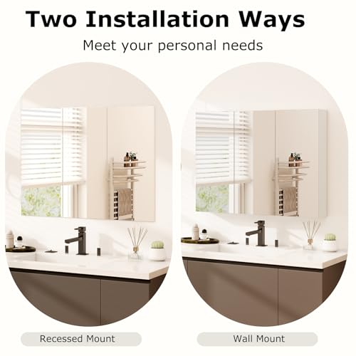 Tangkula Mirrored Medicine Cabinet, Large Wide Wall Mounted Storage Cabinet with 3 Mirror Doors, Hanging Bathroom Organizer, White, 34.5 x 5 x 25.5 Inches - size: 34.5 x 25.5 Inch