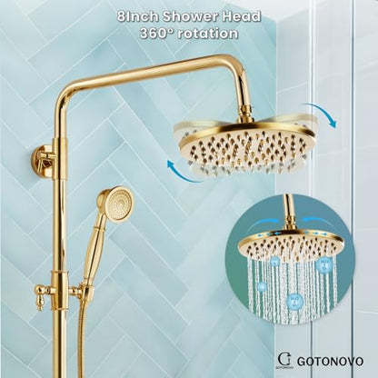 gotonovo Exposed Shower Tub Faucet Set 3 Function Wall Mount,Polish Gold | Shower System Fixtures with Tub Spout,8” Rain Head and Handheld,360°Rotation,Adjustable Height,for 5-6.7" Hole,Outdoor/Indoor - color: Bright Gold