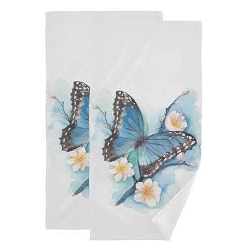 Butterfly Hand Towels Set of 2 Soft Watercolor Blue Butterfly on Blossom Plum Branch Chic Floral Bath Fingertip Towels Decorative Hand Towels for Bathroom Guest Face Kitchen Towels 14"x28" - color: White Blue