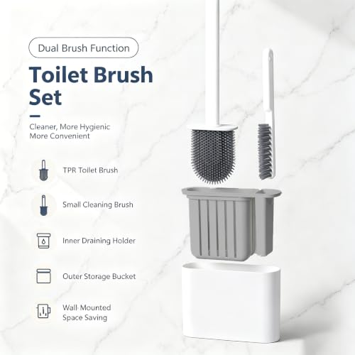 Toilet Brush Set,Bathroom Accessories,Japanese Style No Dead Angle Wall Mounted Holder Compact Bathroom Cleaning Kit for Home, Grey - color: Gray