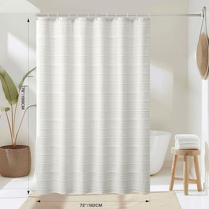Extra Long Farmhouse White Shower Curtain Boho, 72 x 78 Cotton Blend Tufted Weave Waffle Stripe Textured Heavy Duty, Fabric Shower Curtain for Bathroom, Hotel - color: White B, size: 72"W x 78"L (Pack of 1)