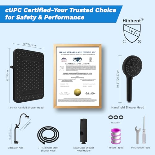 Hibbent cUPC Certified High Pressue 13'' Rainfall Shower Head with 5-Spray | Shower Heads with Handheld 10-Spray Combo, All Metal Easy Reach 4-way Diverter Arm, 71'' Hose & Holder, Matte Black - color: Black, style: Square 13"