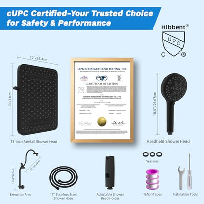 Hibbent cUPC Certified High Pressue 13'' Rainfall Shower Head with 5-Spray | Shower Heads with Handheld 10-Spray Combo, All Metal Easy Reach 4-way Diverter Arm, 71'' Hose & Holder, Matte Black - color: Black, style: Square 13"