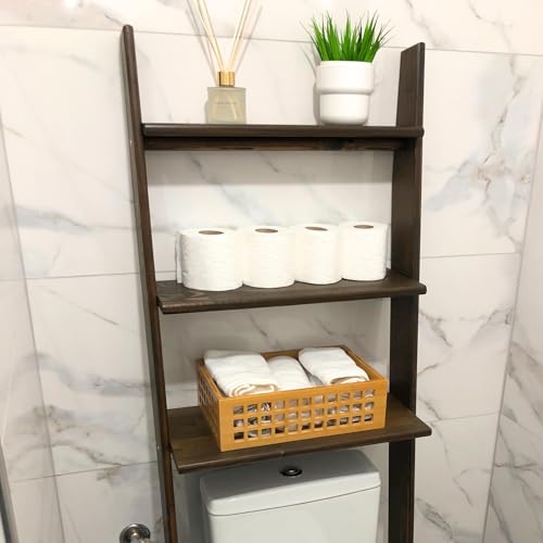 Over The Toilet Birch Wood Bathroom Organizer Shelves, 3-Tier Freestanding Above Toilet Storage Ladder Shelf, Standing Space Saver Behind Toilet Small Bathroom Organizer (Walnut) - color: Walnut