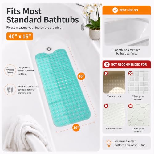 Yimobra Non Slip Bathtub Mat 40 x 16 Inch, Extra Long Shower Mat with Drain Holes, Machine Washable Baby Bath Mats, Strong Suction Cups for Bathroom Floor, Clear Green - color: Clear Green