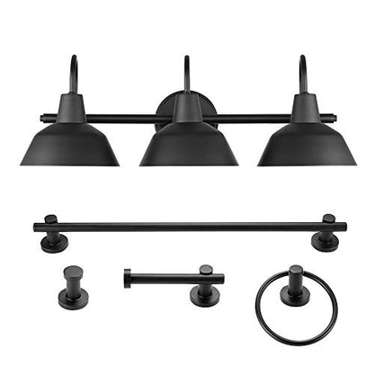 Globe Electric 51710 5-Piece Bathroom Accessory Set with 24-inch 3-Light Vanity Fixture, Matte Black Finish, Industrial Design, E26 Base, Towel Bar, Towel Ring, Robe Hook, Toilet Paper Holder - color: Matte Black, Brooklyn (5-Piece)