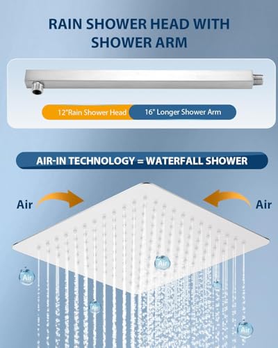 All Metal Rainfall Shower Head with Extension Arm Brushed Nickel, 12" Large Rain Square Showerhead with 16" Shower Arm All Stainless Steel, 144 Silicone Nozzles Waterfall Full Body Coverage - color: Brushed Nickel