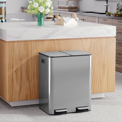 16 Gallon Stainless Steel Foot Pedal Trash Can,Rectangular Removable Inner Buckets Dual Compartment Recycling Large Capacity 60 Liter (30Lx2) Kitchen Garbage Can with Soft Close Lid for Kitchen Office - style: Dual Lid(60L)