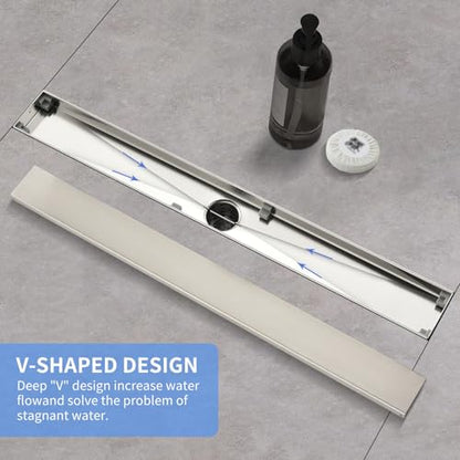 Linear Shower Drain ，18 Inch Brushed 304 Stainless Steel Rectangle Shower Floor Drain，with Reversable Tile-inPattern Drain Cover & Hair Catcher, Adjustable Feet - color: Brushed Nickel, size: 18inch