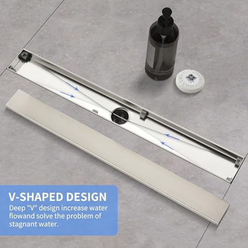 Linear Shower Drain ，48 Inch Brushed 304 Stainless Steel Rectangle Shower Floor Drain，with Reversable Tile-inPattern Drain Cover & Hair Catcher, Adjustable Feet - color: Brushed Nickel, size: 48inch