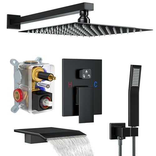 Shower System with 12-Inch Rain Head and Tub Spout | All-Metal Tub Shower Faucet Set, Wall Mounted Rain Showerhead, Handheld Spray, Includes Valve and Trim Kit, Matte Black - color: Matte Black, style: 12"-With Tub Spout